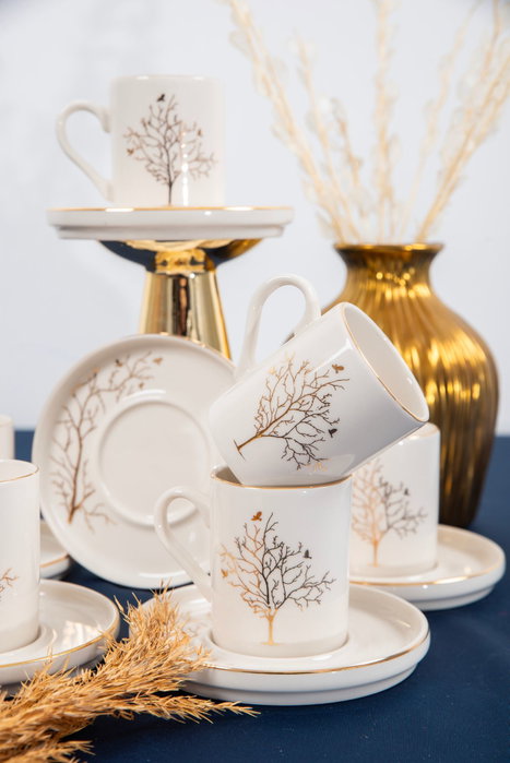 Hermia Hayat Ağacı Juego de tazas de café Blanco y dorado Hermia Hayat Ağacı Juego de tazas de café Blanco y dorado